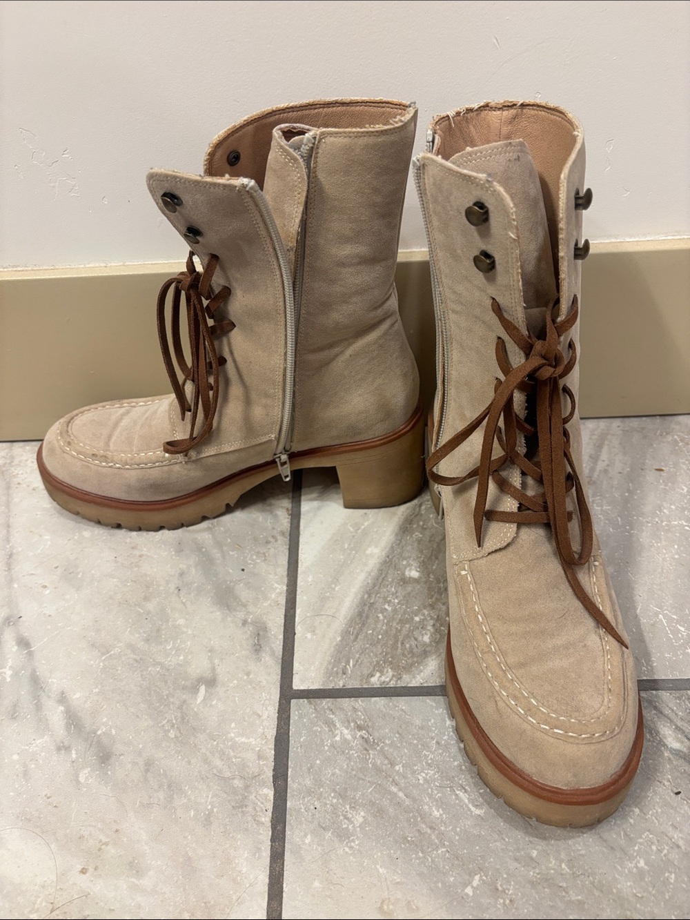 Beige Suede Lace-Up Heeled Ankle Boots with Brown Laces